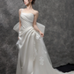White one-shoulder satin waist slim pleated maxi bridal gown R5792