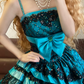 Blue Spaghetti Strap Waist-Cinched Puff Tiered Skirt Ball Gown R7387