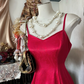Red suspender satin waist slim irregular skirt long dress ball gown R6187