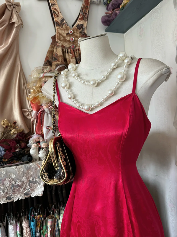 Red suspender satin waist slim irregular skirt long dress ball gown R6187