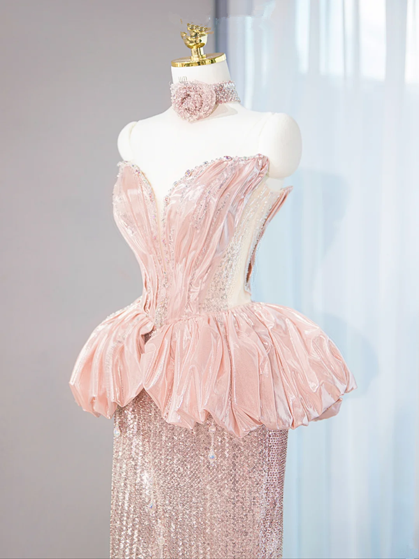 Light pink strapless fitted waist bodycon long ball gown, bridal dress R9022