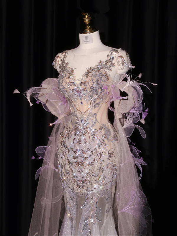 Light purple V-neck fitted waist bodycon long ball gown/bridal dress R8932
