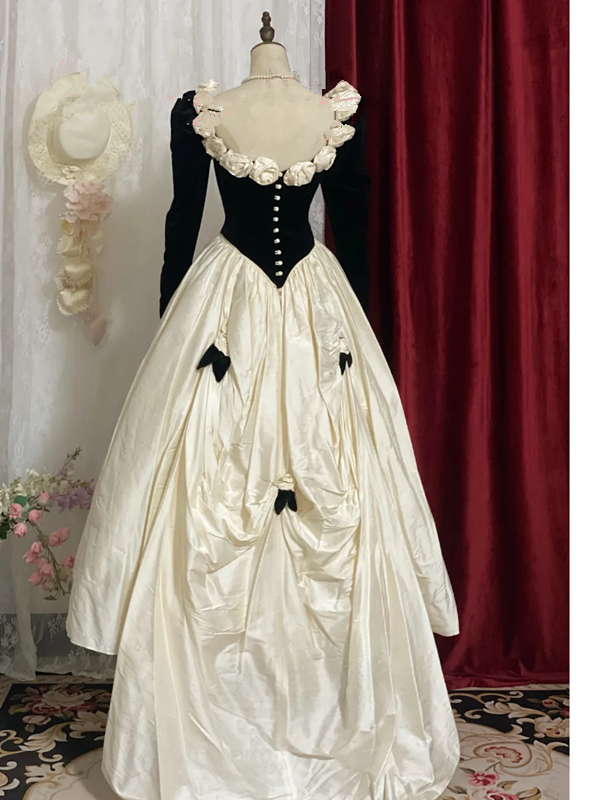 Black Square-Neck Long-Sleeve Waist-Cinched Slim-Fit White Puffball Skirt Ball Gown, Bridal Gown R7351