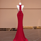 Red halter-neck, fitted waist, slimming, hip-hugging sexy long ball gown R8411