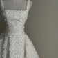 White floral spaghetti strap, waist-cinched, slim-fit, full-skirted long prom dress R7971