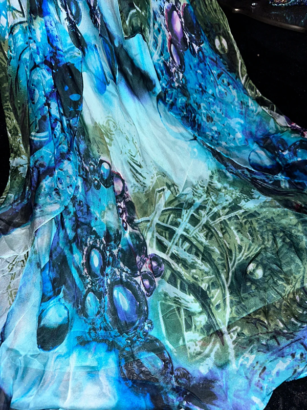 Blue-green tie-dye halter neck fitted waist long ball gown R6945