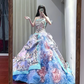 Light blue floral print strapless fitted waist slim-fitting ball gown with a full skirt R8629