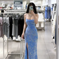 Blue strapless fitted waist slim-fit sexy slit long ball gown R7892