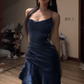 Dark blue halter-neck fitted waist slim slit sexy long ball gown R8069