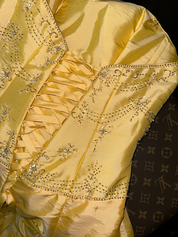 Yellow strapless fitted waist puffy princess long ball gown R7025