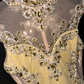 Yellow sleeveless rhinestone neckline, fitted waist, elegant classic long ball gown R6864