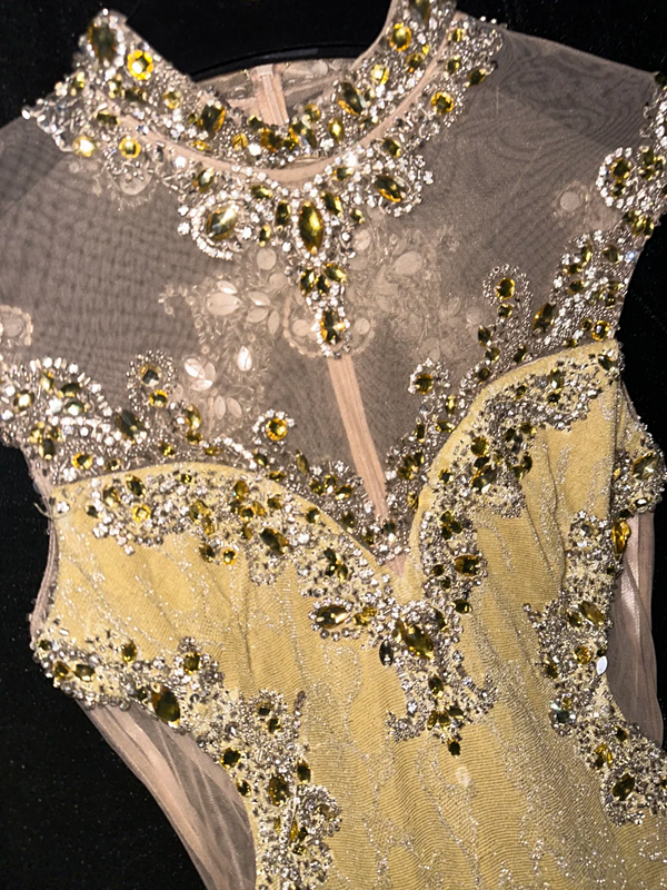 Yellow sleeveless rhinestone neckline, fitted waist, elegant classic long ball gown R6864