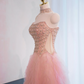 Light pink halter neck fitted waist long ball gown, bridal gown R8962