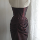 Dark red strapless, fitted waist, pleated short ball gown R6785