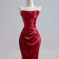Deep red strapless, fitted waist, bodycon long sexy ball gown R8159