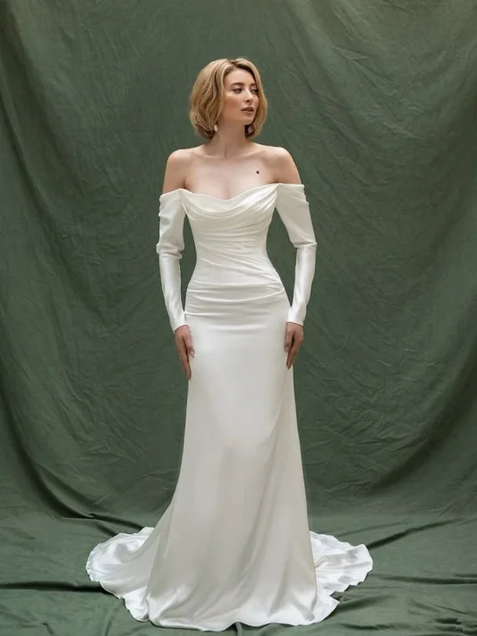 White off-the-shoulder fitted long elegant ball gown R8658