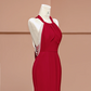 Red halter-neck, fitted waist, slimming, hip-hugging sexy long ball gown R8411