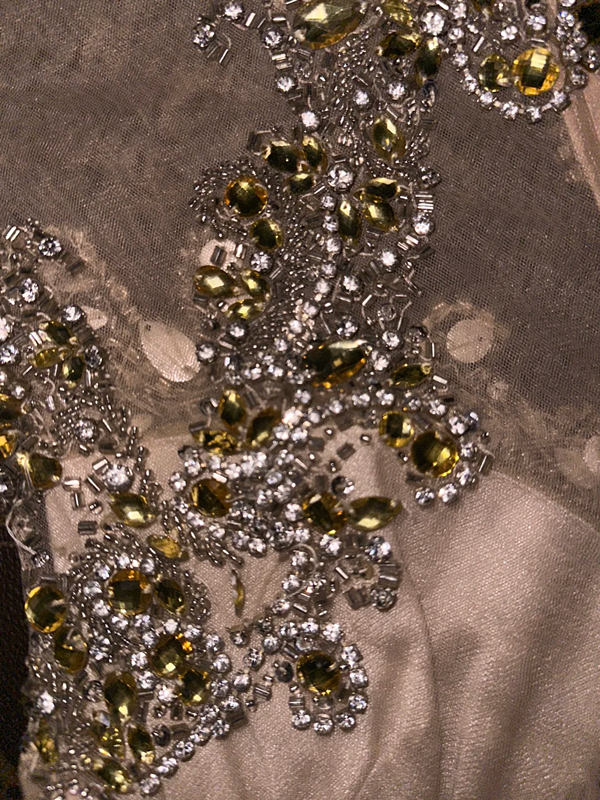 Yellow sleeveless rhinestone neckline, fitted waist, elegant classic long ball gown R6864