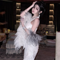 White halter-neck pearl-embroidered, waist-revealing, sexy bodycon long ball gown R7065