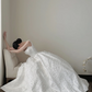 White floral spaghetti strap, waist-cinched, slim-fit, full-skirted long prom dress R7971