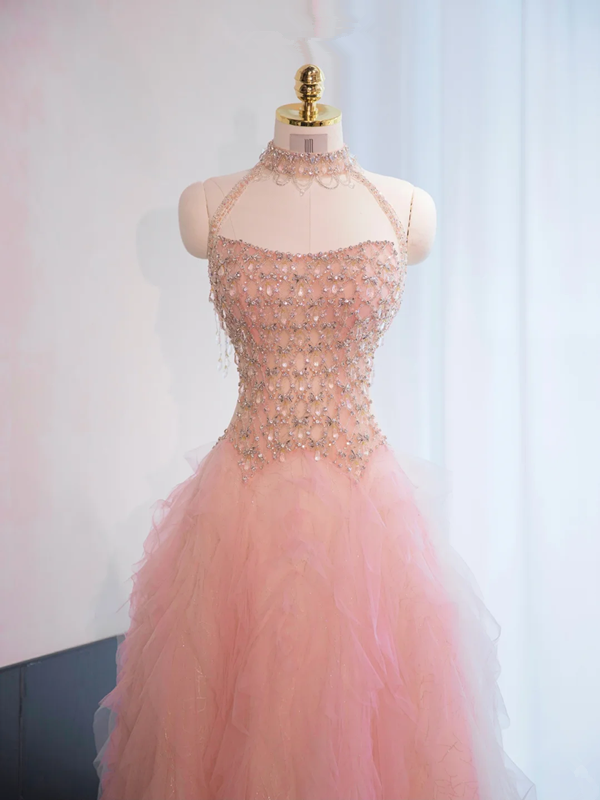 Light pink halter neck fitted waist long ball gown, bridal gown R8962