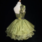 Green one-shoulder strap waist slim fit puffy princess skirt homecoming dress R4974