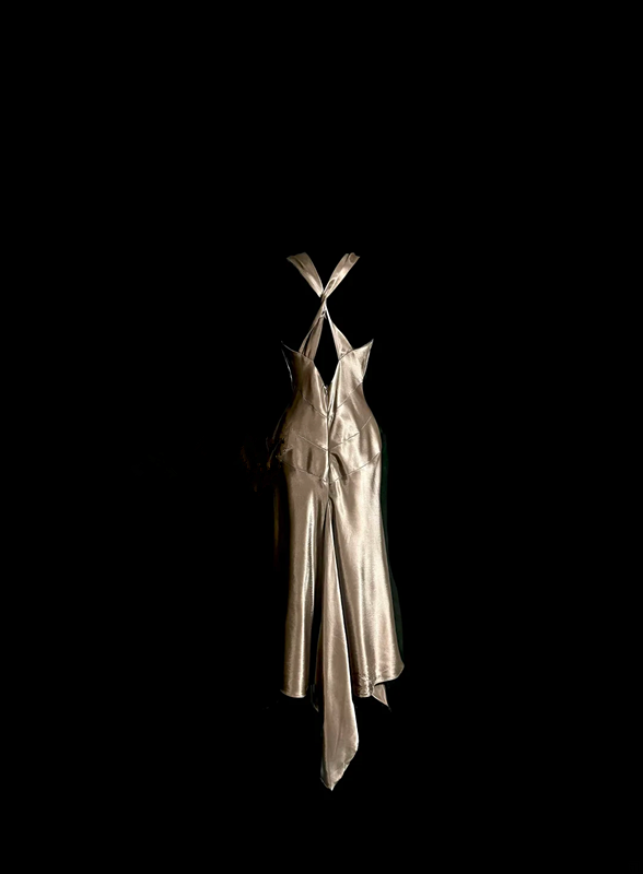 Champagne-colored halter-neck fitted sexy ball gown R6626