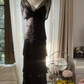 Black V-neck fitted waist straight long ball gown R7772