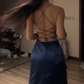 Dark blue halter-neck fitted waist slim slit sexy long ball gown R8069