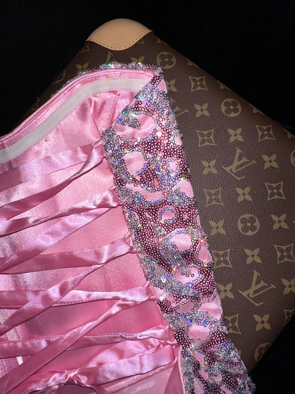 Silver sequined strapless short ball gown with a cinched waist and fitted design R6985