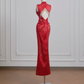 Red Chinese-style cheongsam, classic fitted waist, bodycon ball gown, bridal dress R8210