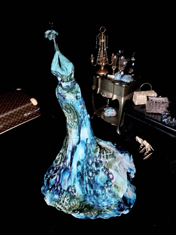 Blue-green tie-dye halter neck fitted waist long ball gown R6945