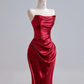 Deep red strapless, fitted waist, bodycon long sexy ball gown R8159