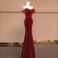 Red off-the-shoulder, fitted waist, bodycon, sexy long ball gown/bridal dress R8386