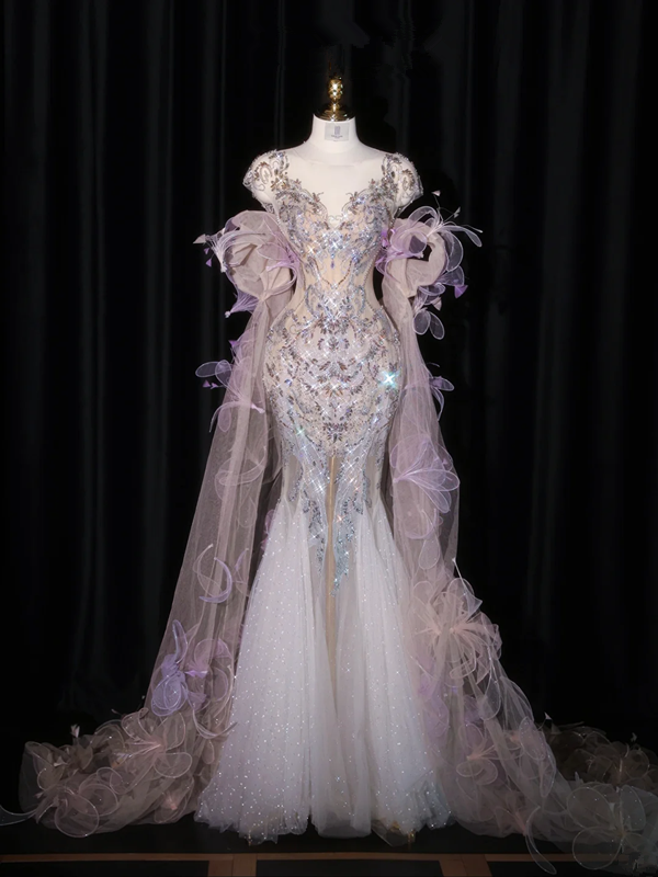 Light purple V-neck fitted waist bodycon long ball gown/bridal dress R8932