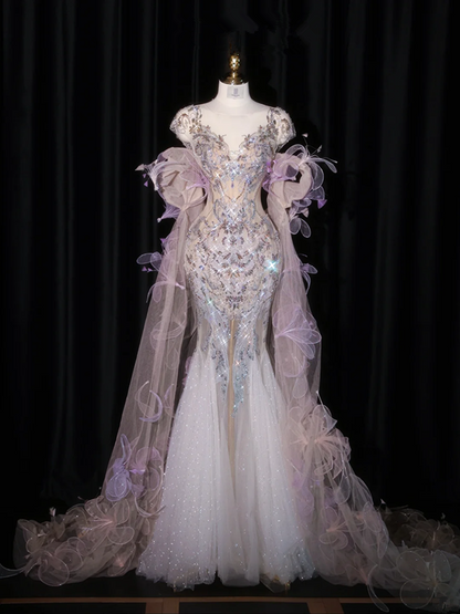 Light purple V-neck fitted waist bodycon long ball gown/bridal dress R8932