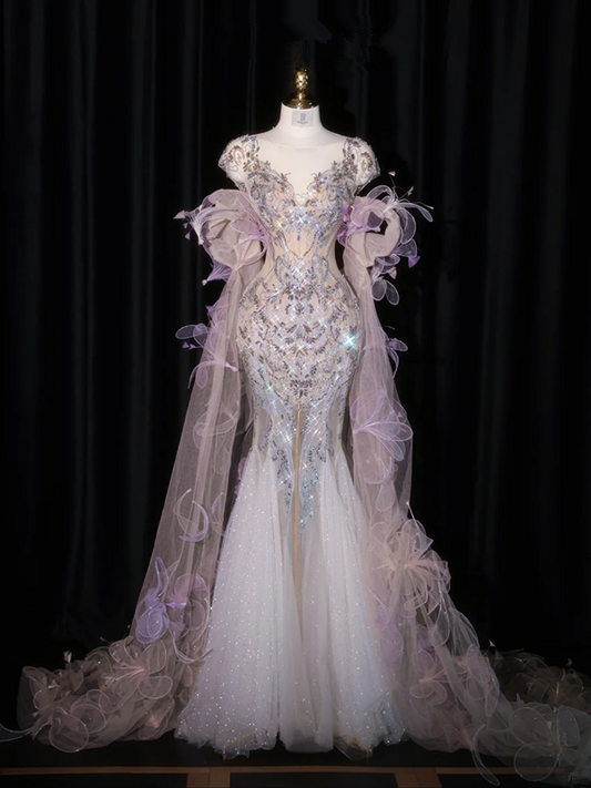 Light purple V-neck fitted waist bodycon long ball gown/bridal dress R8932