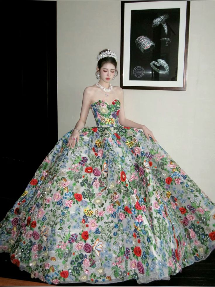 Retro floral tube top dress with waist and puffy skirt, prom dress R5356