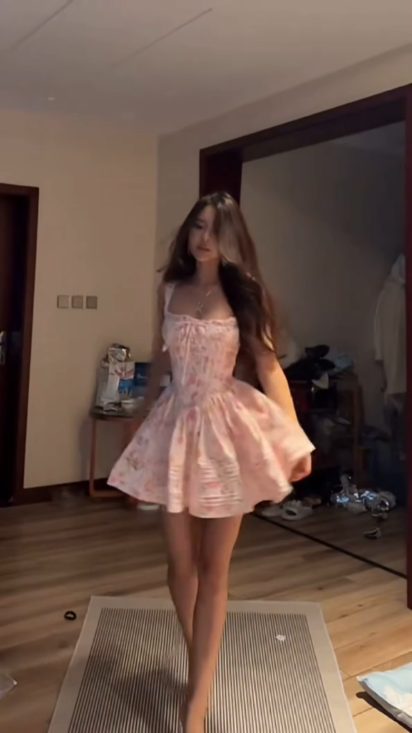 Pink Floral Strapless Waisted Princess Skirt Homecoming Dress R5595