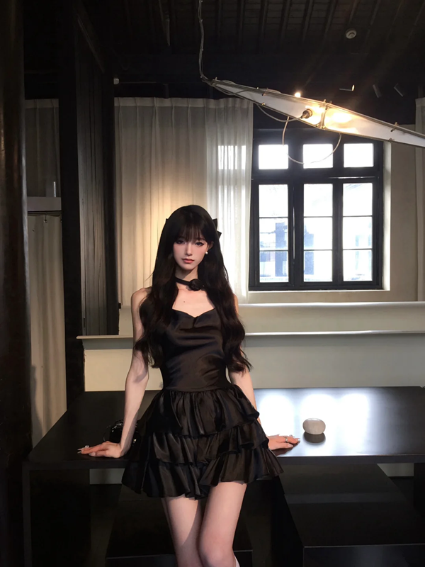 Black suspender satin waist slim cake skirt short skirt homecoming dress R5093