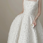 White floral spaghetti strap, waist-cinched, slim-fit, full-skirted long prom dress R7971