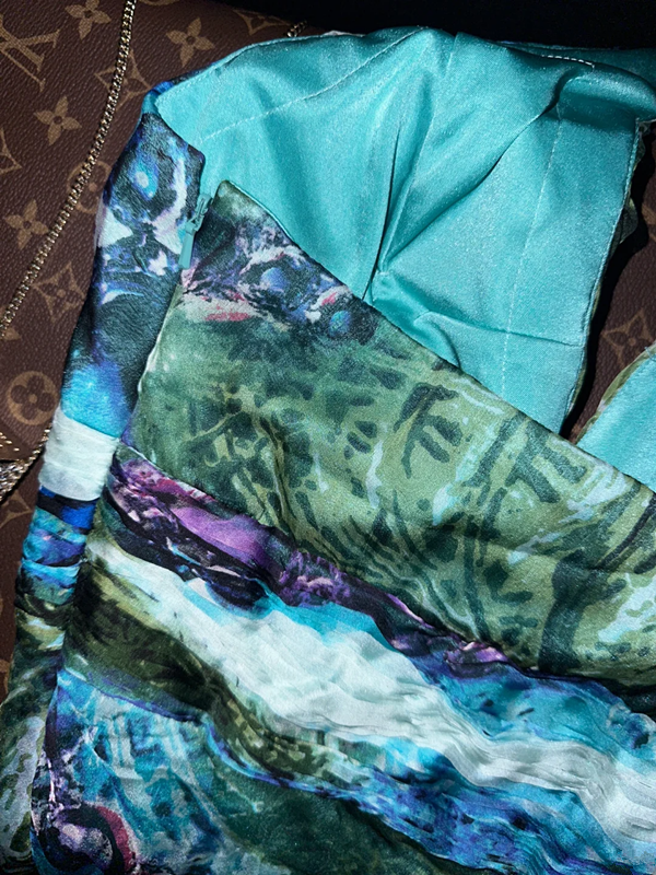 Blue-green tie-dye halter neck fitted waist long ball gown R6945