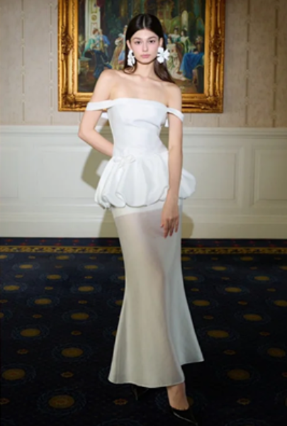 White suspender waist flower bud skirt hip-wrapped mid-length skirt homecoming dress R4486