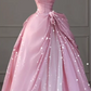 Pink strapless satin fitted waist ball gown with a full skirt R6466