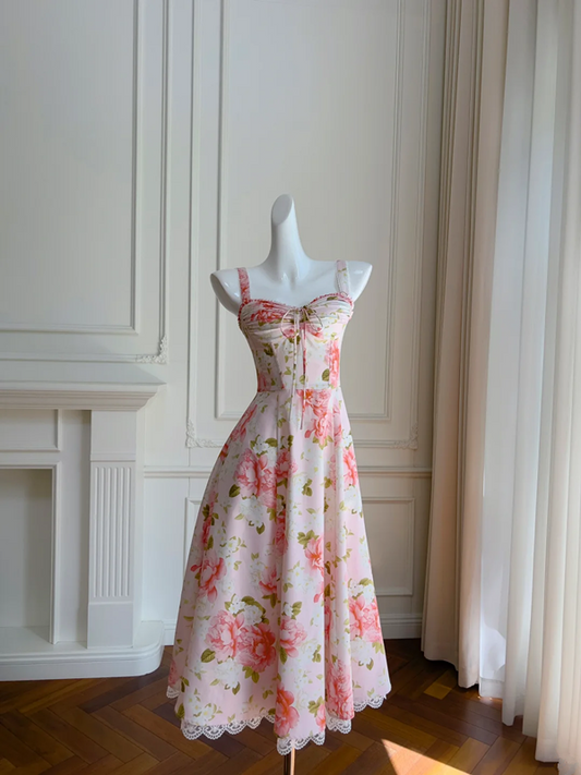 Pink floral halter waist slim maxi dress homecoming dress R5195