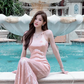 Pink Halter Neck Sequin-Embellished Waist-Cinched Fitted Bodycon Floor-Length Prom Dress R7105