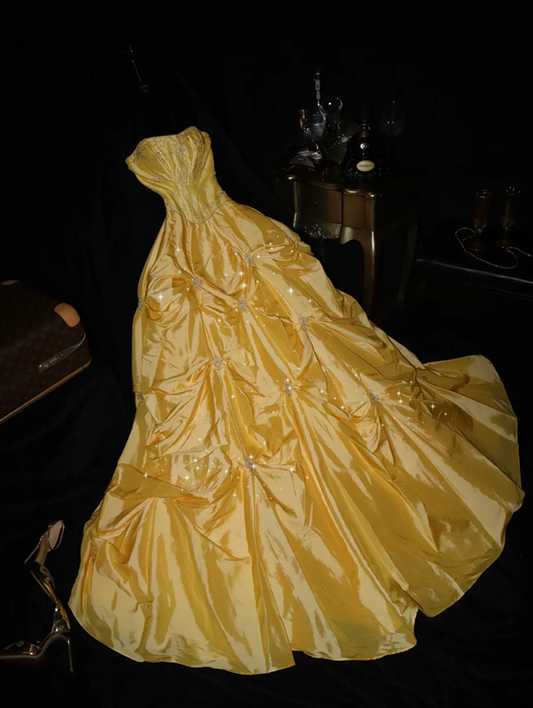 Yellow strapless fitted waist puffy princess long ball gown R7025