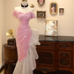 Pink off-the-shoulder fitted waist slim-fitting ruffled skirt wedding dress R6586