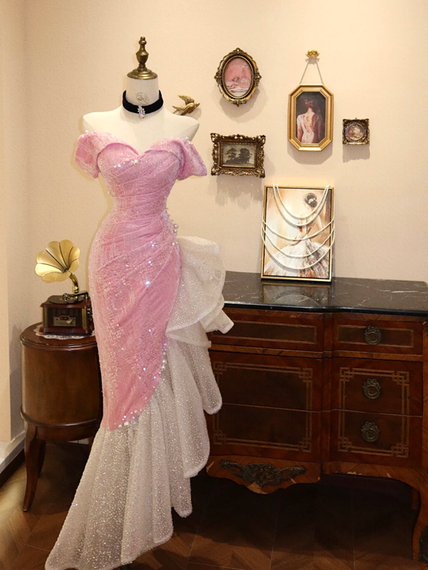 Pink off-the-shoulder fitted waist slim-fitting ruffled skirt wedding dress R6586