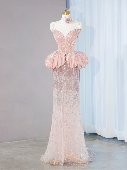 Light pink strapless fitted waist bodycon long ball gown, bridal dress R9022